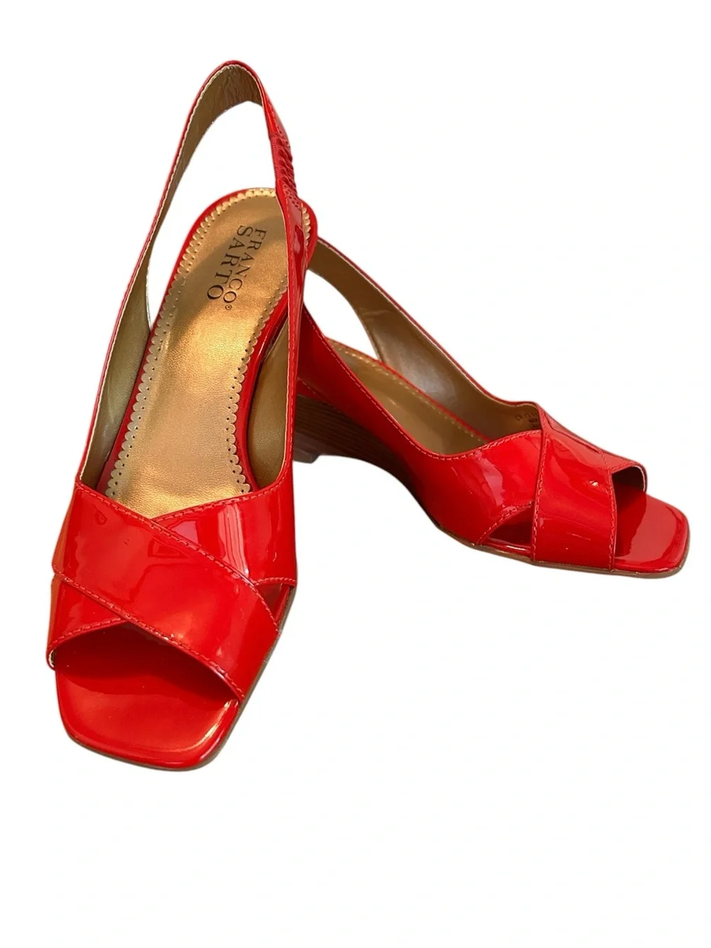 Franco Sarto Slim Wedge Red Patent Slingback Peep-toe Sculptural Heel 8 1/2